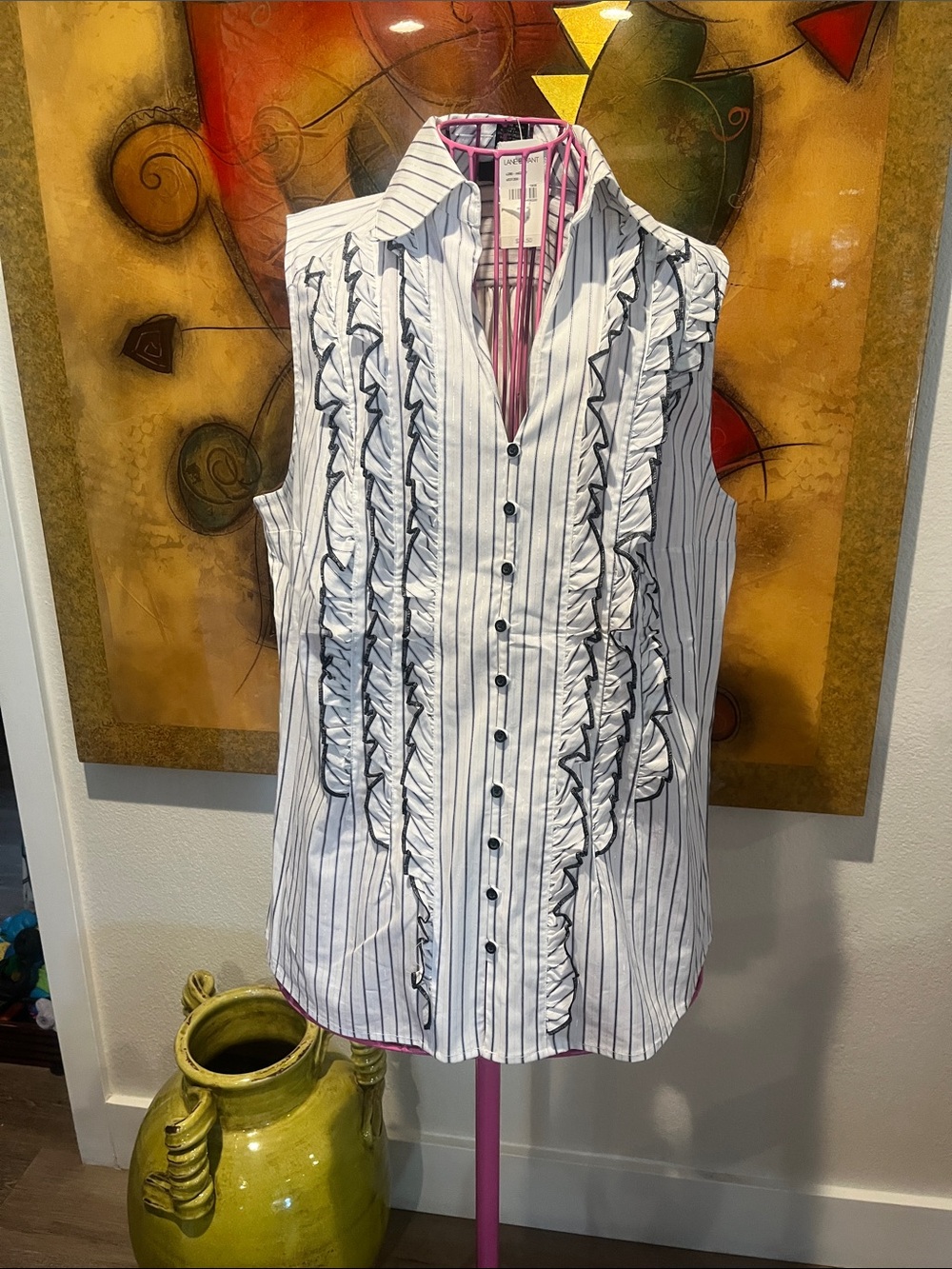 Lane Bryant White Pinstripe Ruffled Sleeveless Button-Up Blouse
